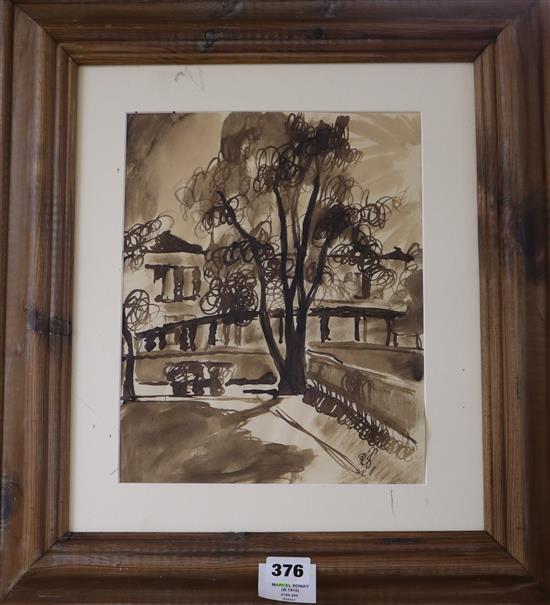 Marcel Ronay (b.1910), pen and ink on paper, View in the park, monogrammed, 27 x 22cm